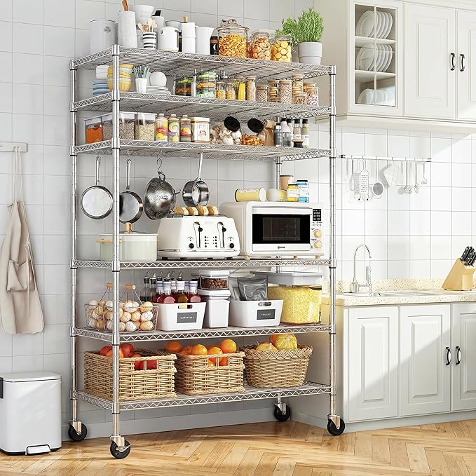 Romorgniz 82" H X45 W X18 D Storage Shelves with Wheels, 6 Tier Wire Shelving Adjustable Metal Shelving Pantry Shelves Capacity 1200LBS for Garage Shelving, Pantry, Kitchen, Closet,Chrome