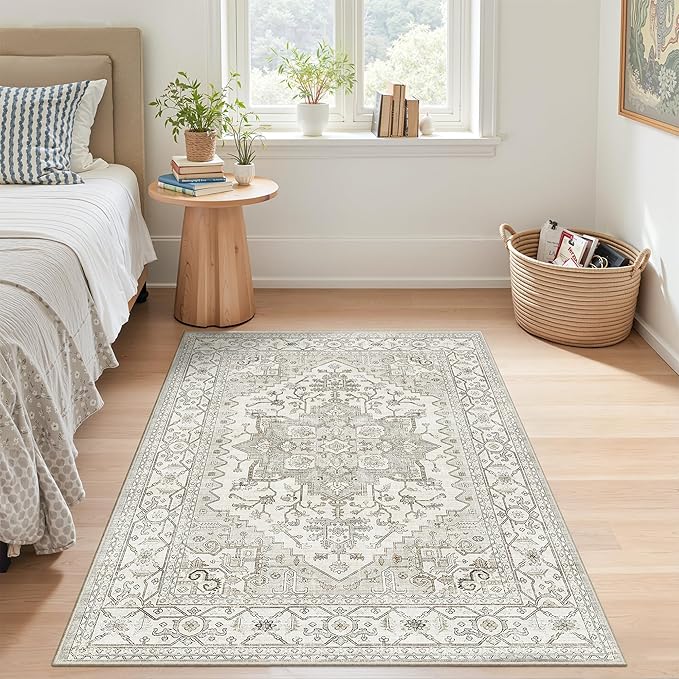Area Rugs for Living Room - 3x5, Boho Non-Slip Low Pile Carpet Machine Washable Rugs for Bedroom, Farmhouse, Office, Dining Room (Beige)