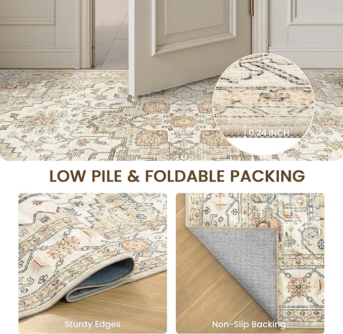 befbee 8x10 Area Rugs for Living Room, Stain Resistant Neutral Washable Rugs for Dining Room, Vintage Non-Slip Thin Large Size Area Rug, Printed Vintage Home Decor Rug(Gold