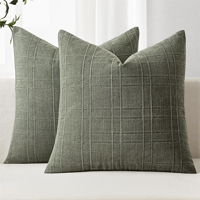 MIULEE Decorative Linen Check Throw Pillow Covers Neutral Farmhouse Vintage Spring Pillow Covers 18x18 Set of 2 Boho Modern Home Decor for Sofa Couch Bedroom Cushion Olive Green