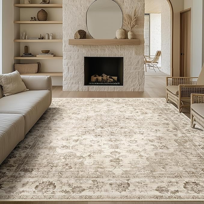12x15 Neutral Area Rug Beige Vintage Living Room Bedroom Washable Carpet Non-Slip Soft Low Pile Farmhouse Indoor Extra Large Throw Rug for Dining Room Office