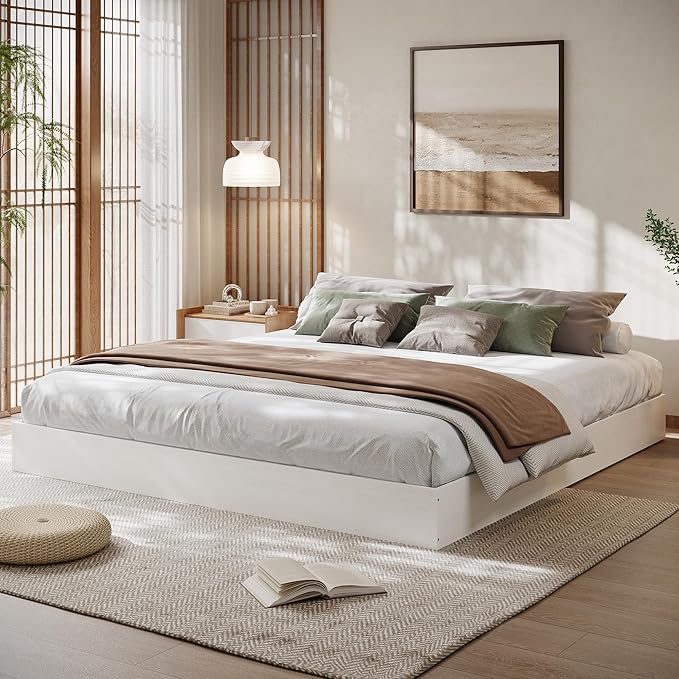 California King Size Solid Wood Platform Bed with Sturdy Wooden Slats, Floor-Standing Bed Frame, Modern Minimalist Design Bed Frame, No Box Spring Needed, Easy Assembly, White