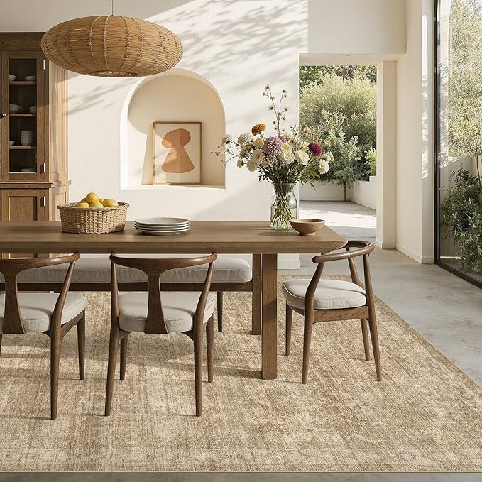 Nakagishi 9x12 Area Rugs Living Room: Washable Large Vintage Rug Neutral Non-Slip Soft Stain Resistant Indoor Carpet for Bedroom Nursery Dining Room Office Playroom - Dark Bown