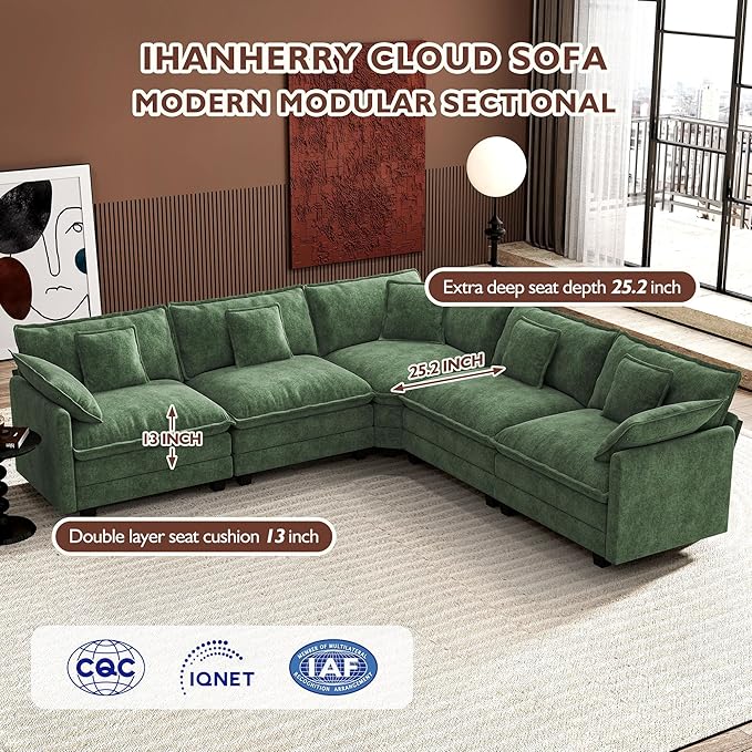 Ihanherry 114" V-Shaped Modern Sofa Modular Sectional Cloud Couch with Corner Section, 5-Seat Chenille Deep Seat Sofa with 5 Pillows for Living Room, Bedroom and Apartment, Green