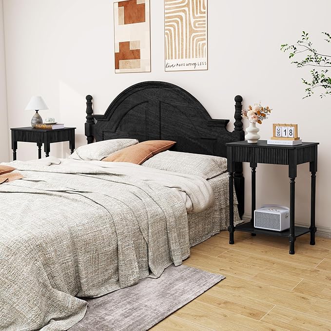 XUZENEST Fluted Nightstand with Charging Station, 23.6” Large Bed Side Table End Table with Drawer, Modern Mid Century Solid Wood Legs Night Stands Bedside for Bedroom Living Room Sofa Office, Black