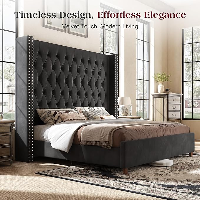 PaPaJet California King Size Bed Frame with 61.4" Tall Wingback Design Headboard, Velvet Upholstered Platform, Handmade Deep Button Tufting, Solid Wood Legs, No Box Spring Needed, Black