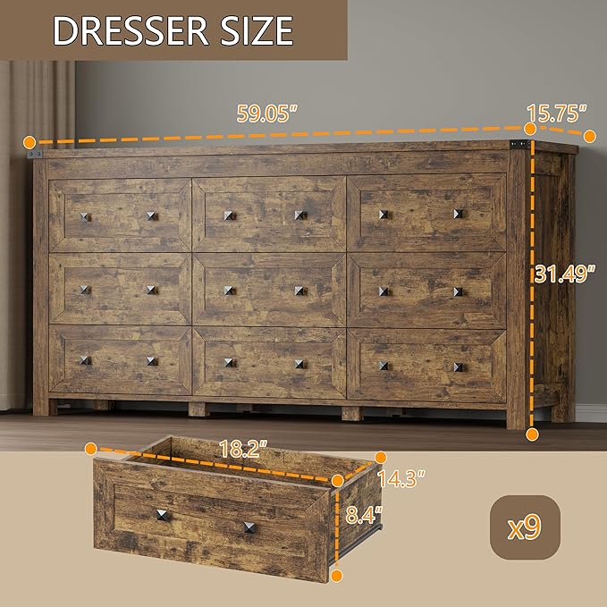 BORNOON 9-Drawer Dresser, Modern Wooden Storage Chest of Drawers, Dresser TV Stand, Wood Drawer Organizer with Metal Handles for Bedroom, Living Room, Hallway