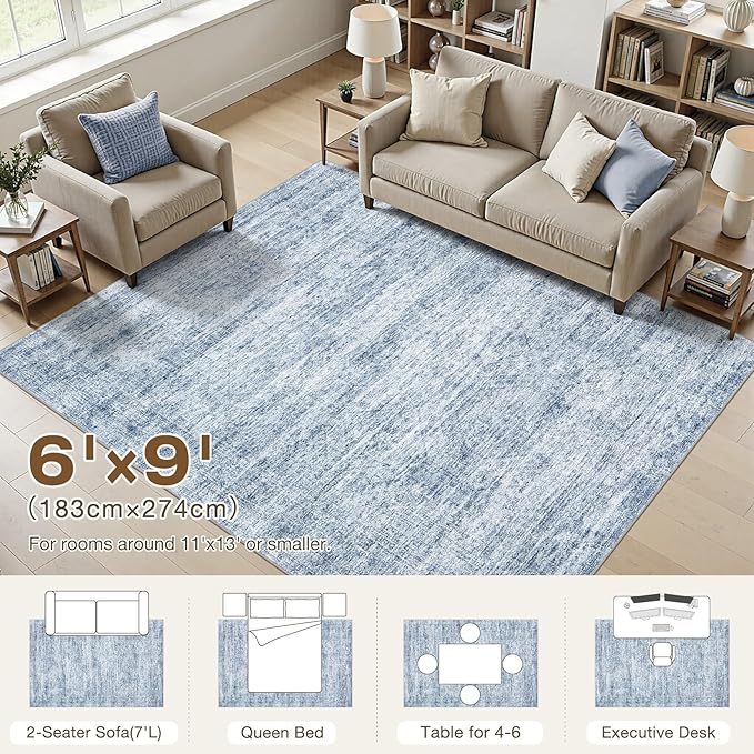 cotiled Large Area Rugs for Living Room 6x9, Machine Washable Rugs with Non Slip Backing Modern Neutral Abstract Rugs Stain Resistant Distressed Carpets for Home Office Decor (6x9 Blue)