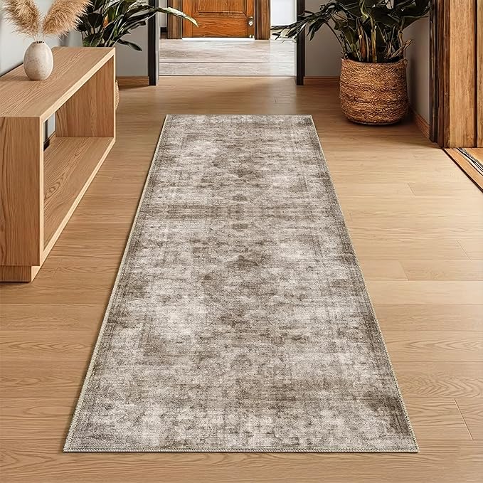 Homemate Washable Rug 2x6 Area Rugs - Vintage Faux Wool Rugs for Living Room Bedroom Dining Room - Non Slip Foldable Carpet Indoor Area Rug for Home Decor（2'x6', Brown