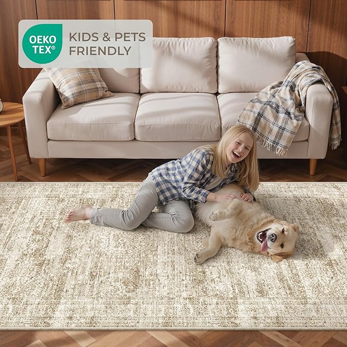 Rug Runners for Hallways Non Slip - 2x8 Runner Rug for Bedroom, Washable Runner with Rubber Backing, Soft Low-Pile Carpet for Kitchen, Laundry, Bathroom (2'x8', Brown/Ivory)