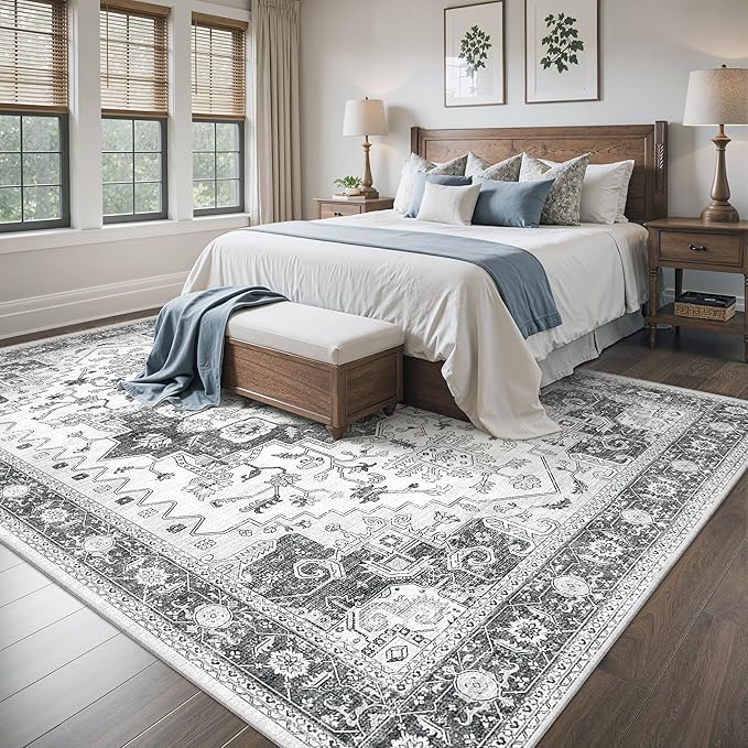 Living Room 10x14 Area Rugs, Washable Area Rug Stain Resistant Carpet Vintage Soft Rugs for Bedroom with Non Slip Backing Indoor Home Decor (10'x 14',Grey)