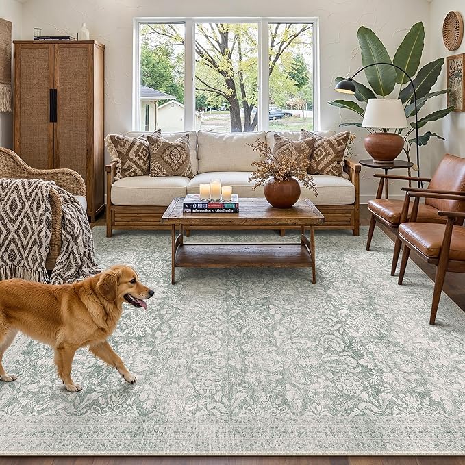 PureCozy Green 8x10 Area Rugs Washable Vintage Living Room Bedroom Carpet Indoor Non Slip Soft Low Pile Thin Rug Retro Accent Home Office Dining Room