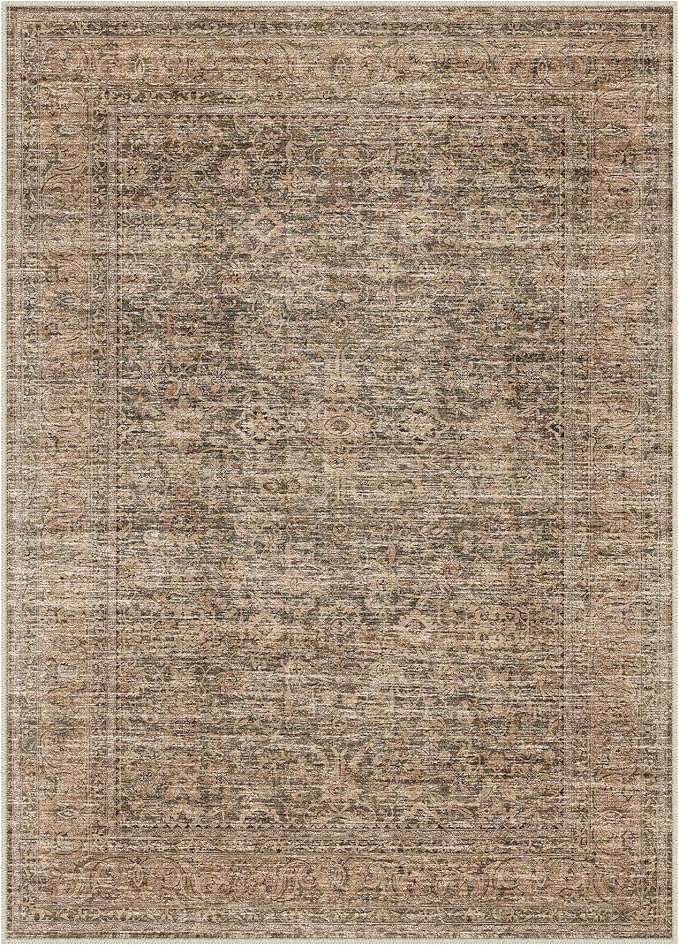 PureCozy Washable Rug 3x5, Entryway Brown Indoor Non Slip Small Low Plie Thin Bedroom Kitchen Area Rugs Retro Accent Throw Office Vintage Carpet for Nursery Under Coffee Table