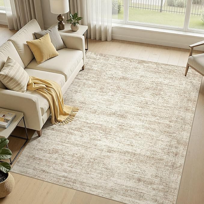 cotiled Large Area Rugs for Living Room 5x8, Machine Washable Rugs with Non Slip Backing Modern Neutral Abstract Rugs Stain Resistant Distressed Carpets for Home Office Decor (5x8 Beige/Brown)