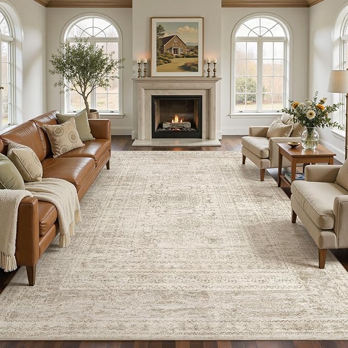 10x12 Area Rug Living Room: Washable Large Vintage Grey Rug Neutral Non-Slip Soft Stain Resistant Indoor Carpet for Bedroom Nursery Dining Room Under Table Bed Home House Office Playroom - Beige Grey
