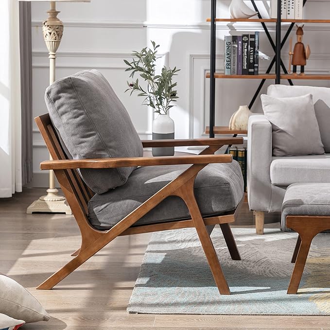chairus Mid-Century Modern Accent Chair, Comfy Upholstered Lounge Armchair with Removable Cushions & Solid Wood Frame, Reading Chair for Living Room Bedroom Office, Grey Denim Fabric