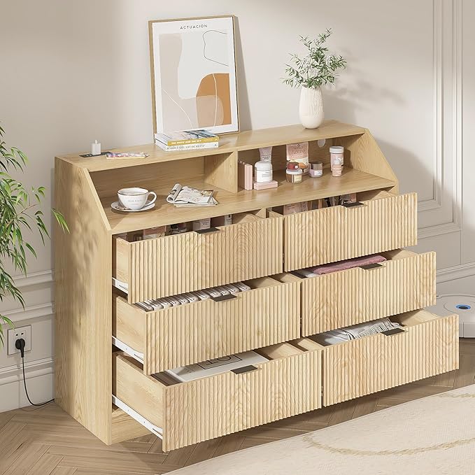 Fluted Dresser for Closet, Boho Bedroom 6 Drawer Dresser TV Stand with Charging Station, Oak Wide Chest of Drawers, Farmhouse Wood Closet Clothes Storage for Living Room, Metal Handle, 47"