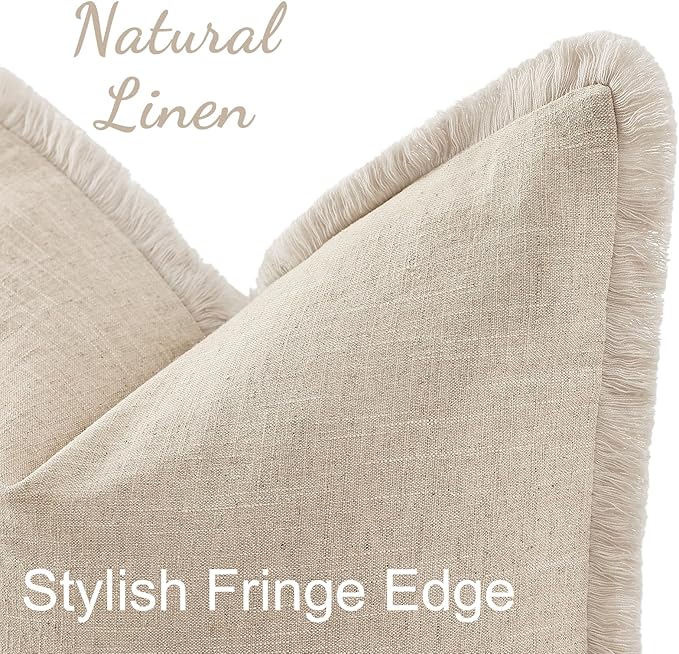 decorUhome Summer Decorative Neutral Linen Fringe Euro Sham Throw Pillow Covers Set of 2 Natural Beige Pillow Covers with Tassels Soft Farmhouse Boho Accent Pillow Cases for Couch Bed Sofa 22x22 Inch