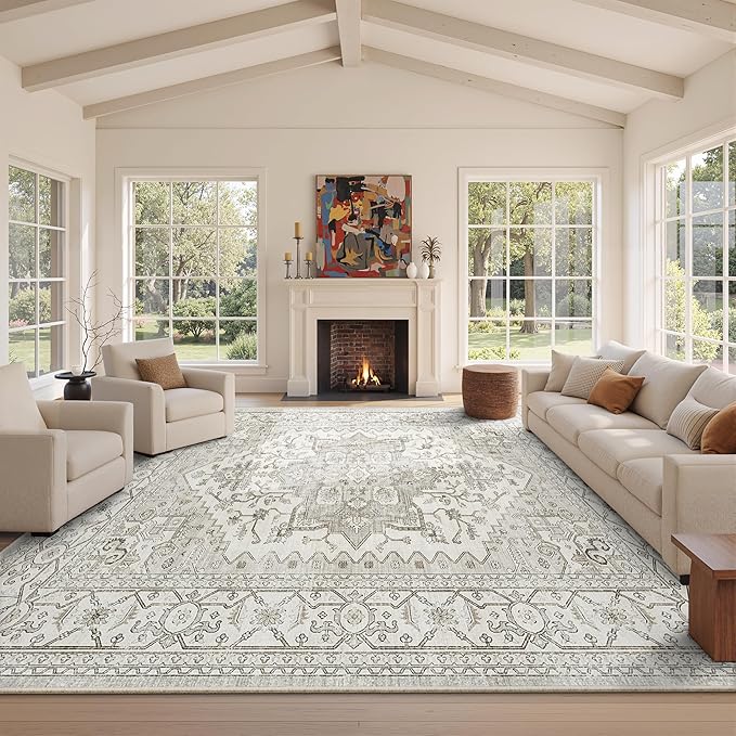 Living Room 10x14 Area Rugs, Washable Area Rug Stain Resistant Carpet Vintage Soft Rugs for Bedroom with Non Slip Backing Indoor Home Decor (10'x 14',Beige)