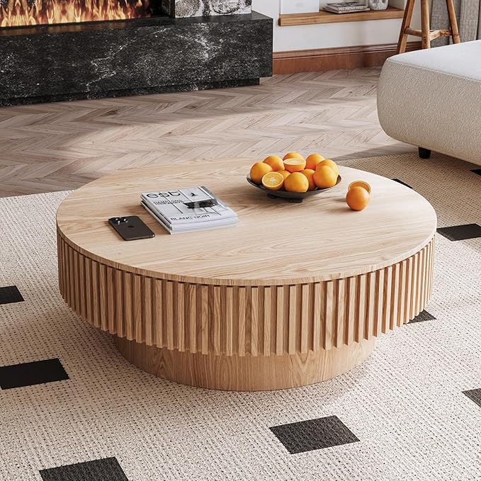 39.37" Round Coffee Table with Storage for Living Room Wood Coffee Table Contemporary Circle Center Table for Apartment, Easy Assembly, Oak