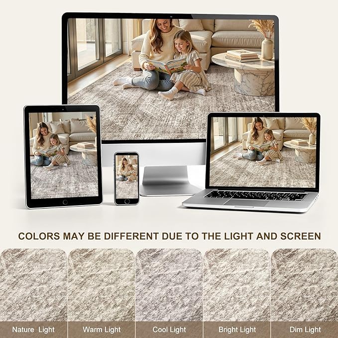 cotiled Large Area Rugs for Living Room 9x12, Machine Washable Rugs with Non Slip Backing Modern Neutral Abstract Rugs Stain Resistant Distressed Carpets for Home Office Decor 9x12 Dark Brown