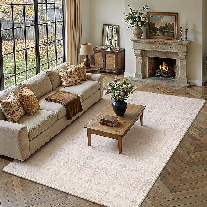 8x10 Washable Neutral Area Rug Living Room Beige Floral Non Slip Low Pile Large Rug Modern Traditional Stain Resistant Distressed Carpet Bedroom Dining Room Office Playroom