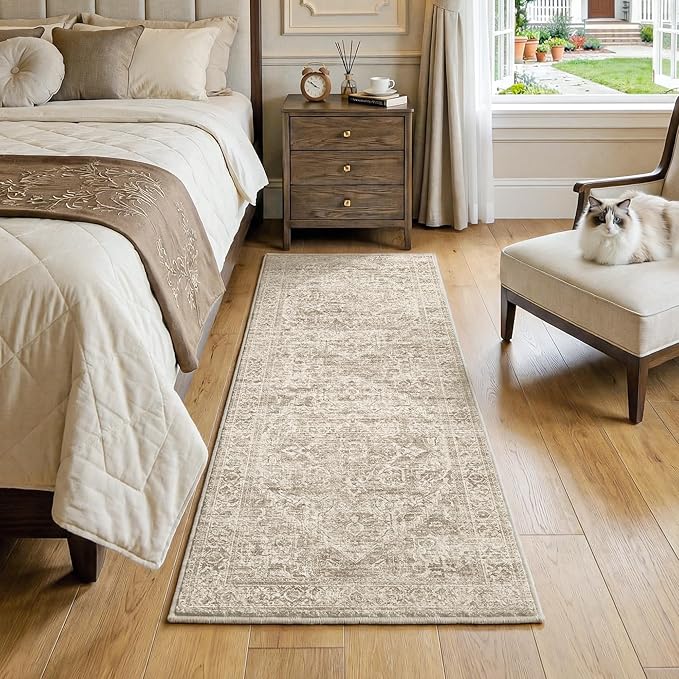 FMFUNCTEX 2x6 Runner Rug Brown Vintage Neutral Washable Distressed Oriental Non Slip Low Pile Indoor Carpet Retro Hallway Entryway Rug for Kitchen Living Room Bedroom Bathroom Laundry Entry Bedside