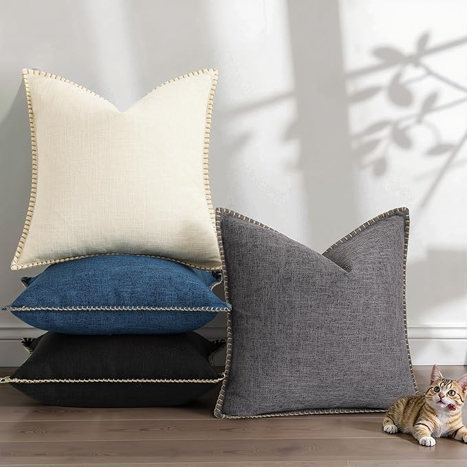 decorUhome Summer Decorative Throw Pillow Covers 24x24 Set of 2 Faux Linen Farmhouse Euro Sham Pillow Covers with Stitched Edge Outdoor Neutral Pillow Covers for Couch Sofa Living Room, Dark Grey
