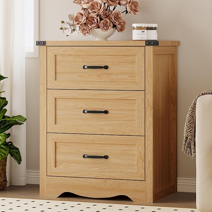 BORNOON 3-Drawer Dresser for Bedroom, Small Wooden Chest of Drawers with Metal Handles, Narrow Storage Cabinet with Anti-Tipping Design, Sturdy Dresser Organizer for Closet, Living Room, Entryway