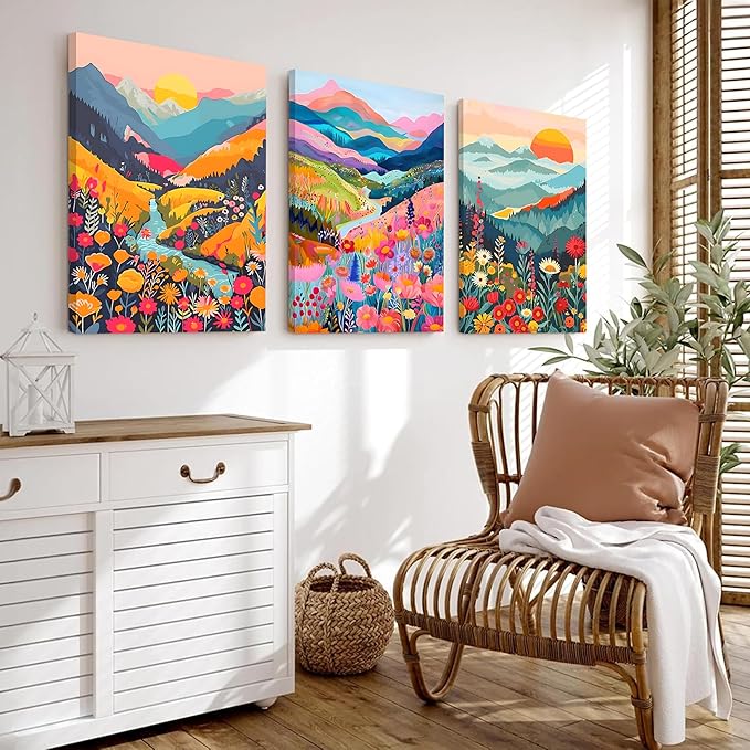 Colorful Watercolor Mountain Canvas Wall Art Set of 3 Boho Flower Picture Wall Decor Abstract Nature Landscape Artwork Paintings Posters Print for Living Room Bedroom Office 24x16In Framed