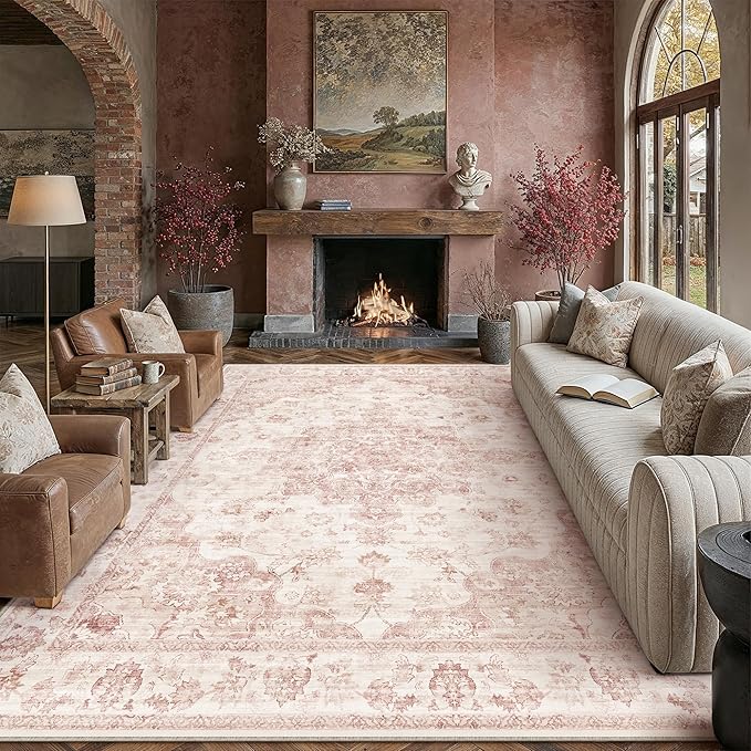 9x12 Neutral Area Rug Pink Vintage Living Room Bedroom Washable Carpet Non-Slip Soft Low Pile Farmhouse Indoor Large Throw Rug for Dining Room Office