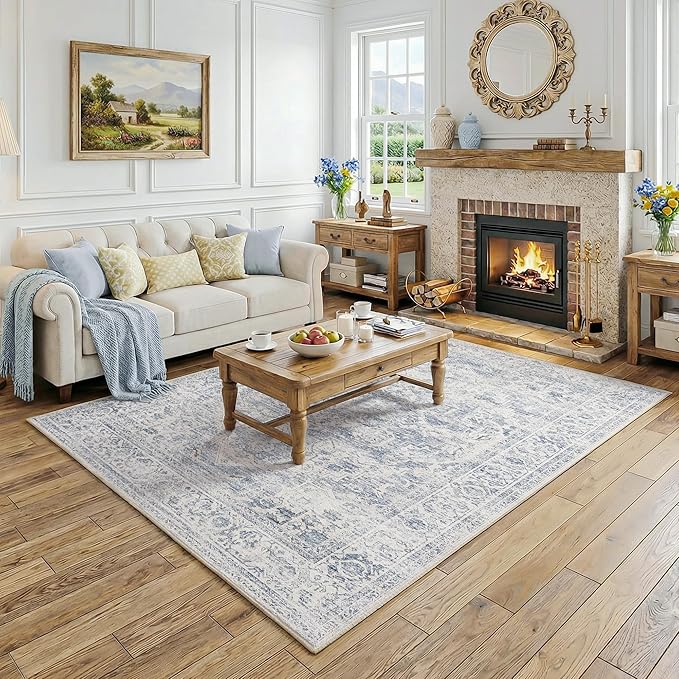 FMFUNCTEX 5x7 Washable Area Rug Blue Neutral Vintage Distressed Non Slip Low Pile Traditional Indoor Carpet for Living Room Bedroom Soft Retro Mat Throw Rug for Dining Office Kitchen Dorm Entryway