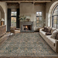 8x10 Washable Traditional Area Rug Living Room Brown Floral Non Slip Low Pile Large Rug Neutral Vintage Stain Resistant Distressed Carpet Bedroom Dining Room Office Playroom