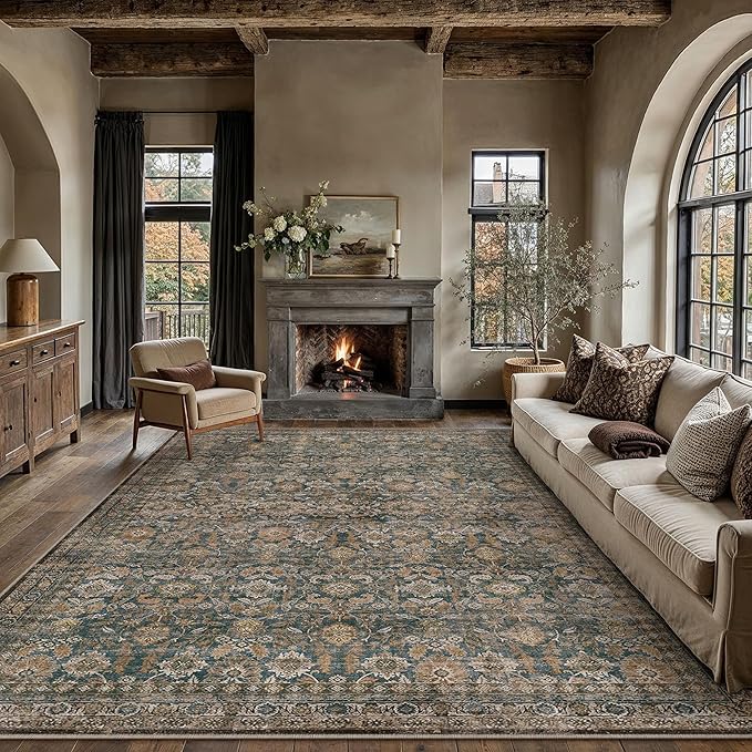 8x10 Washable Traditional Area Rug Living Room Brown Floral Non Slip Low Pile Large Rug Neutral Vintage Stain Resistant Distressed Carpet Bedroom Dining Room Office Playroom