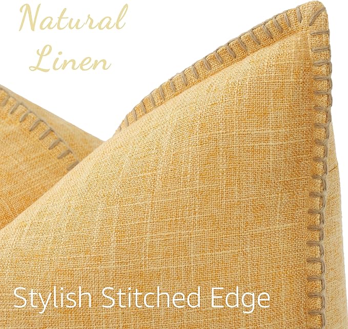 decorUhome Summer Decorative Throw Pillow Covers 12x20 Set of 2 Lumbar Faux Linen Outdoor Neutral Farmhouse Pillow Covers with Stitched Edge for Couch Sofa Living Room, Mustard Yellow