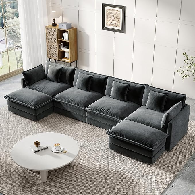 Modular Sectional Sofa, 146.5 Inch U-Shaped Cloud Sofa with Deep Seat Chenille Sofa with Cushions, Four Seater Sectional Sofa for Living Room Apartment,Gray