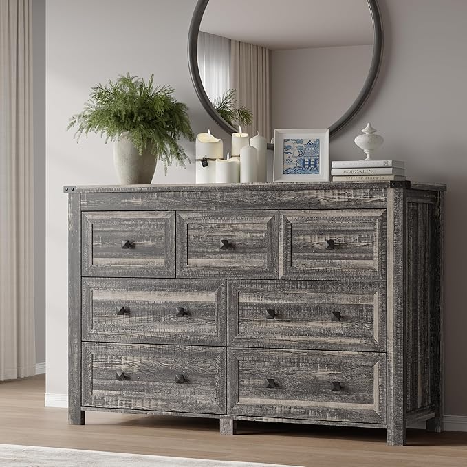 BORNOON 7-Drawer Dresser, Modern Wooden Storage Chest of Drawers, Dresser TV Stand, Wood Drawer Organizer with Metal Handles for Bedroom, Living Room, Hallway