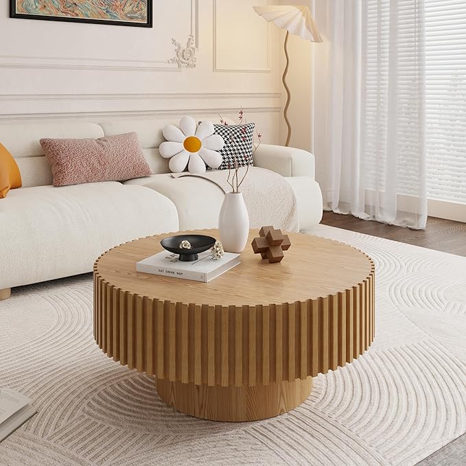 31.49" Round Coffee Table Wood, Modern Drum Fluted Oak Coffee Table for Living Room, Contemporary Minimalist Low Circle Center Table Side Table for Apartment, Farmhouse, Office Natural Ash