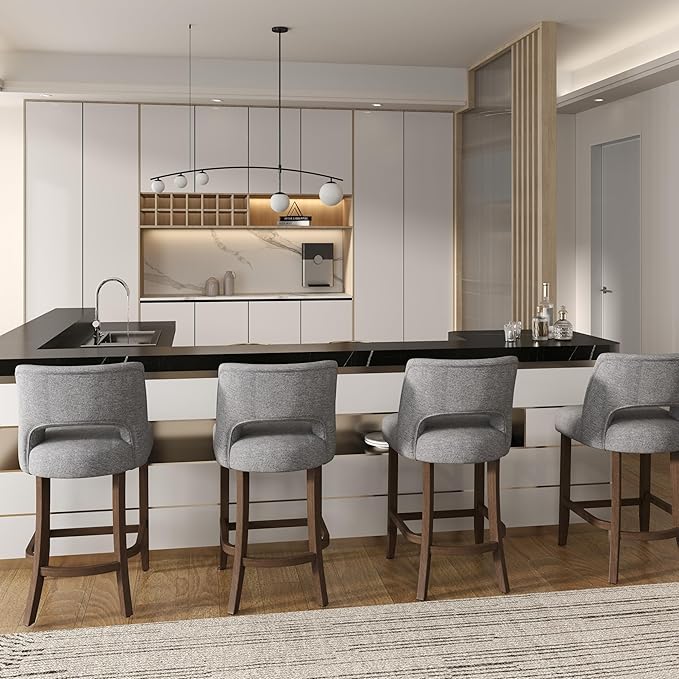 VKNOW Bar Stools Set of 4, 26" Upholstered Counter Height Bar Stools,Modern Counter Stools with Wood Legs for Kitchen Island Dining Room Bar,Fabric Grey