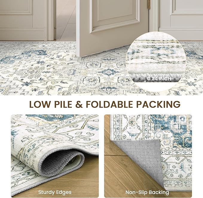 befbee Washable Area Rug 5x7, Area Rugs Stain Resistant Neutral Washable Rugs for Living Rooms Bedroom Vintage Non-Slip Thin Large Size Area Rug（BeigeBlue）