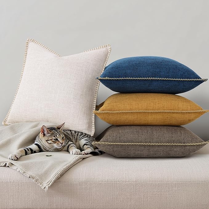 decorUhome Summer Decorative Throw Pillow Covers 22x22 Set of 2 Faux Linen Farmhouse Euro Sham Pillow Covers with Stitched Edge Outdoor Neutral Pillow Covers for Couch Sofa Living Room, Chocolate