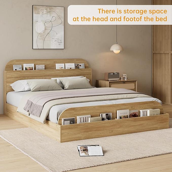 GarveeHome Full Size Bed Frame, Wooden Beds with Storage Headboard and Raised-Foodboard, Full-Floor Low Platform Bed for Bedroom, Sturdy Wooden Slats Support, No Box Spring Needed, Natural