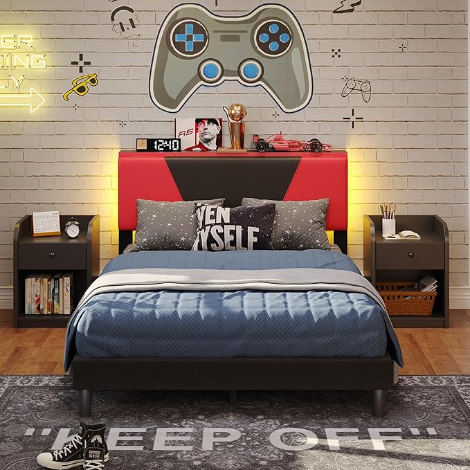 Bestier Gaming Bed Frame Queen Size Black & Red with RGB LED Lights Adjustable PU Leather Headboard Storage Shelf with USB Ports Sturdy PB Construction No Box Spring Needed Modern Industrial Design