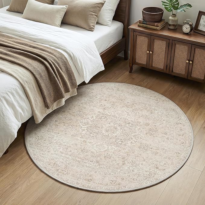 FMFUNCTEX 3ft Round Washable Area Rug Beige Vintage Neutral Oriental Distressed Small Non Slip Carpet for Living Room Bedroom Soft Low Pile Indoor Mat Cream Retro Rug for Entryway Bathroom Bedside
