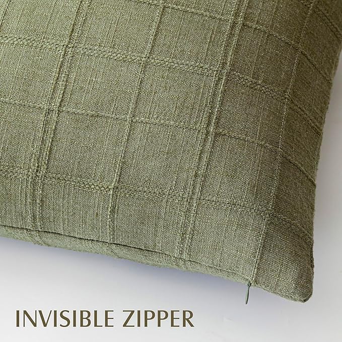 Foindtower Set of 2 Decorative Linen Check Throw Pillow Covers Neutral Farmhouse Vintage Cushion Covers Modern Boho Home Decor for Sofa Chair Couch Bedroom Living Room,18×18 Inch,Sage Green