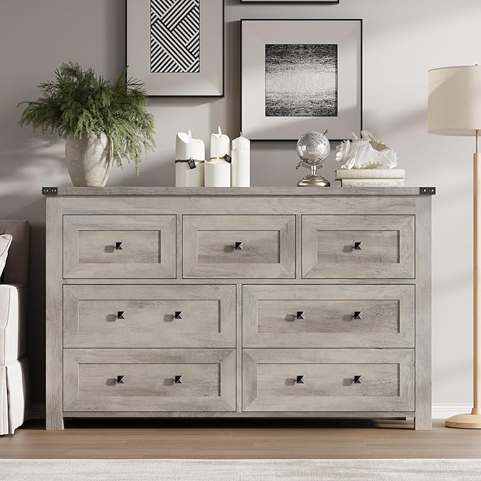 BORNOON 7-Drawer Dresser, Modern Wooden Storage Chest of Drawers, Dresser TV Stand, Wood Drawer Organizer with Metal Handles for Bedroom, Living Room, Hallway