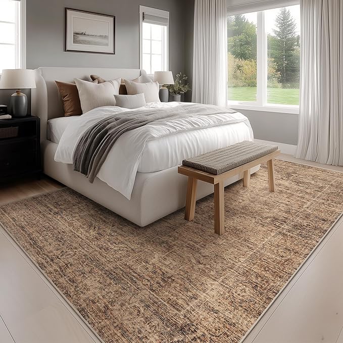 FMFUNCTEX 9x12 Washable Area Rug Terracotta Vintage Neutral Distressed Oriental Large Non Slip Carpet for Living Room Bedroom Soft Low Pile Indoor Mat Retro Rug for Dining Room Kitchen Office Nursery