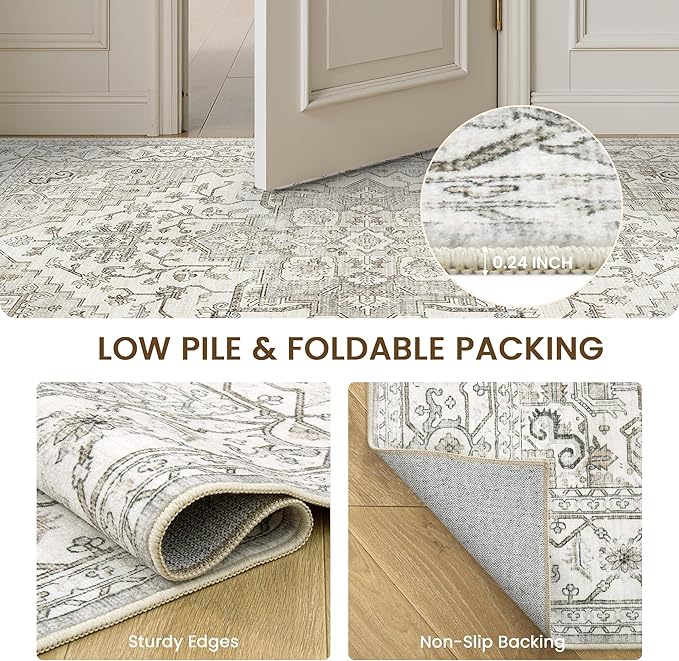 Living Room 10x14 Area Rugs, Washable Area Rug Stain Resistant Carpet Vintage Soft Rugs for Bedroom with Non Slip Backing Indoor Home Decor (10'x 14',Beige)