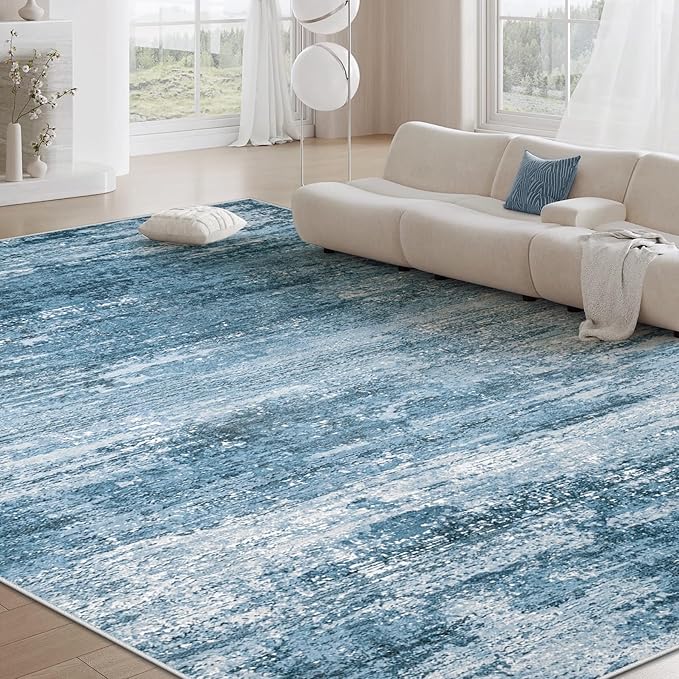 Washable Rug 8x10 Area Rugs for Living Room: Large Neutral Soft Rug Abstract Non Slip Low Pile Modern Carpet for Bedroom Kitchen Nursery Office Dining Room Indoor (Darkblue, 8'x10')