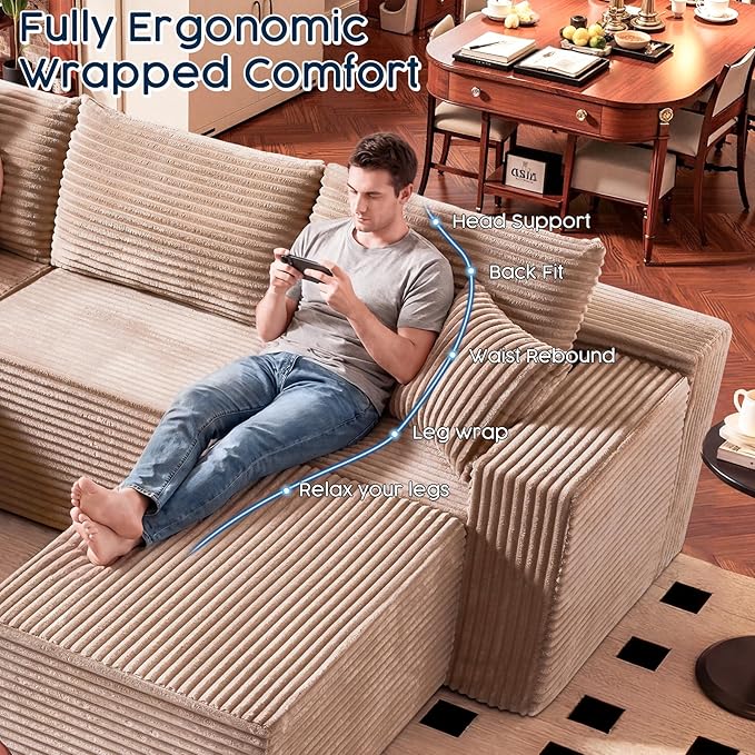 No Assembly Cloud Modular Sectional Sofa，108" U-Shape Corner Couch with Ottoman - Plush Corduroy, Deep Seating, Right Chaise (Camel) | Modern Minimalist Living Room Furniture
